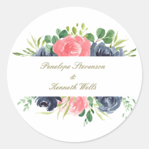 Rustic Pink Navy Roos Floral Lijst Aangepast huwel Ronde Sticker