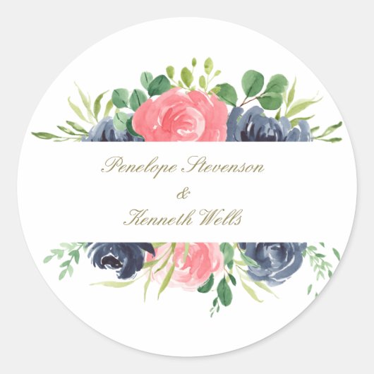 Rustic Pink Navy Roos Floral Lijst Aangepast huwel Ronde Sticker (Voorkant)