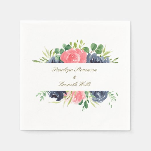 Rustic Pink Navy Roos Floral Lijst Aangepast huwel Servet (Voorkant)