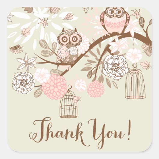 Rustic Pink Owls and Birdcages Bedankt, Sticker (Voorkant)