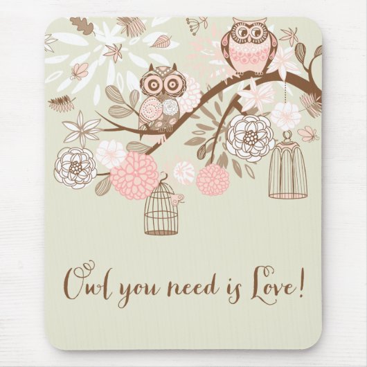 Rustic Pink Owls and Birdcages Mousepad Muismat (Voorkant)