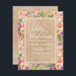 Rustic Pink Paars Floral Kraft 50th Birthday Kaart<br><div class="desc">Roze en paarse botanische waterverf op boho-stijl,  floreel op roestbruin kraftpapier,  vijftig en Fabulous / vijftigjarig feest.</div>