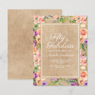 Rustic Pink Paars Floral Kraft 50th Birthday Kaart