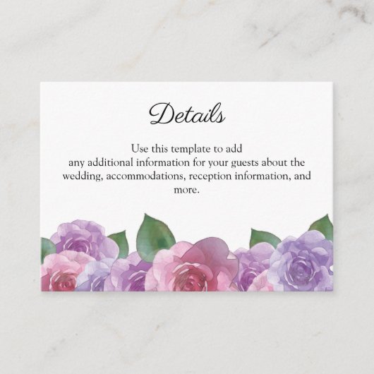 Rustic Pink Paars Roos Floral Wedding Details Informatiekaartje (Voorkant)