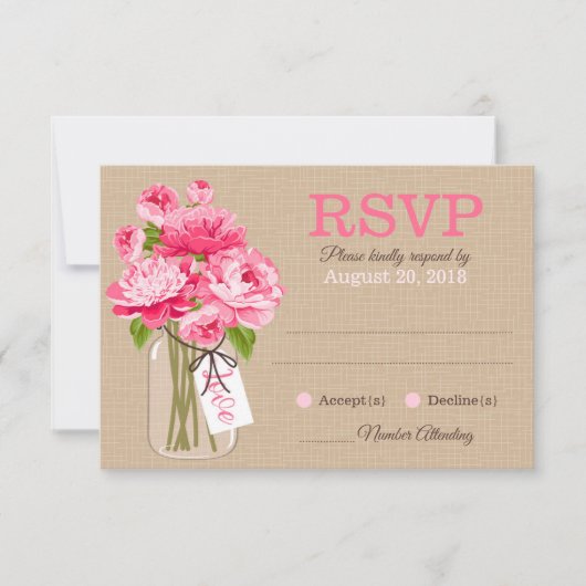 Rustic Pink Peonies mason Jar RSVP-kaart RSVP Kaartje (Voorkant)