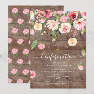 Rustic Pink Peonies Roos Floral Confirmation Kaart
