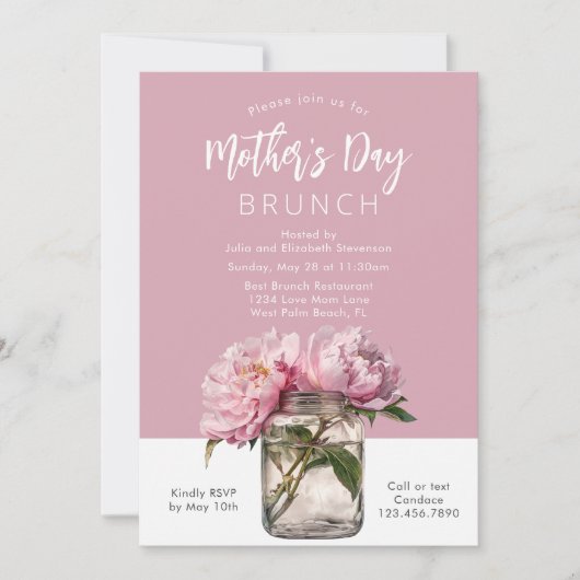 Rustic Pink Peonies Script Moederdag Brunch Kaart (Voorkant)