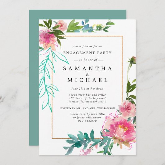 Rustic Pink Peony Floral Engagement Party Kaart (Voorkant / Achterkant)