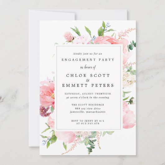 Rustic Pink Peony Floral Engagement Party Kaart (Voorkant)