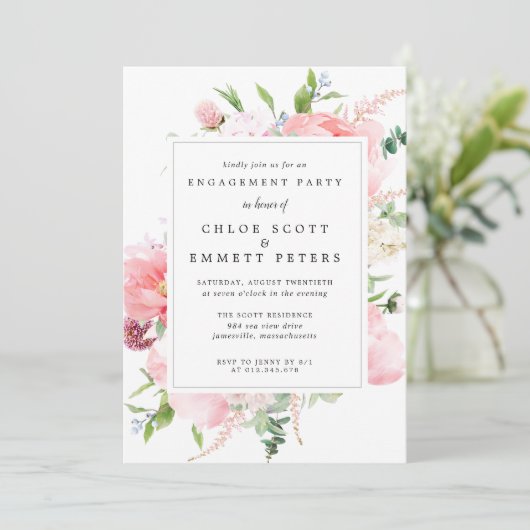 Rustic Pink Peony Floral Engagement Party Kaart (Staand voorkant)