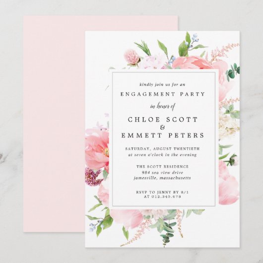 Rustic Pink Peony Floral Engagement Party Kaart (Voorkant / Achterkant)