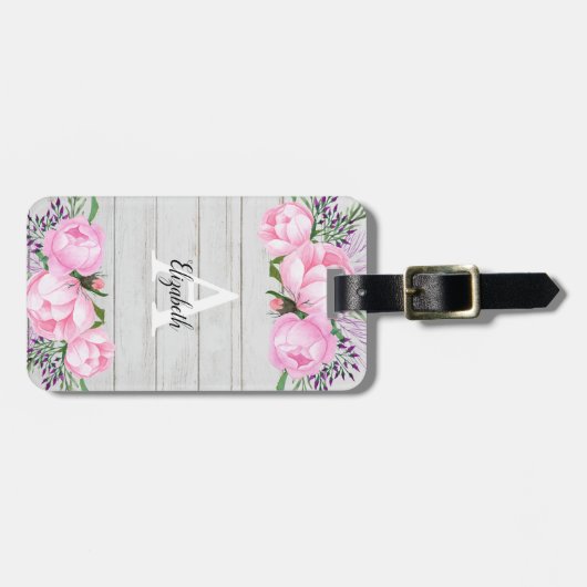 Rustic Pink Peony | Monogram Bagagelabel (Voorkant horizontaal)