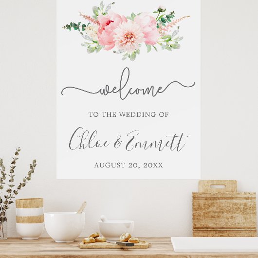 Rustic Pink Pony Floral Wedding Welkom Poster (Keuken)
