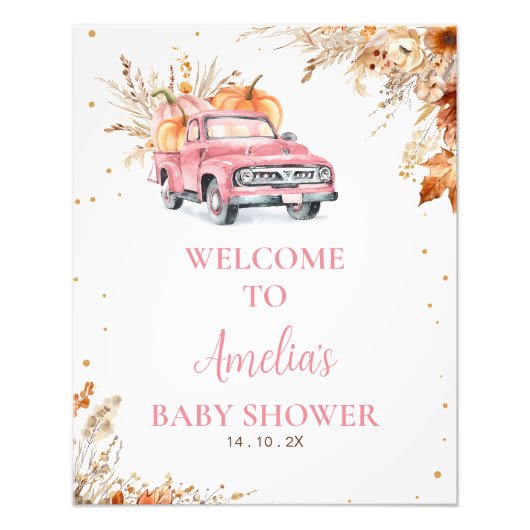 Rustic Pink Pumpkin Truck Baby shower Welkomstbord Foto Afdruk (Voorkant)