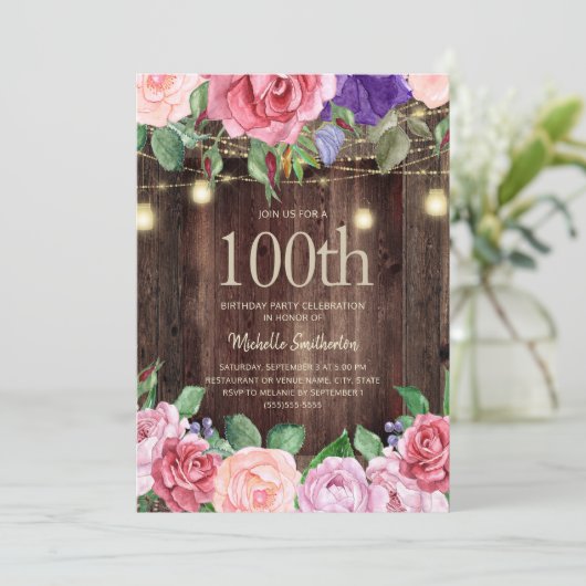 Rustic Pink Purple Flowers String Lights 100th Kaart (Staand voorkant)