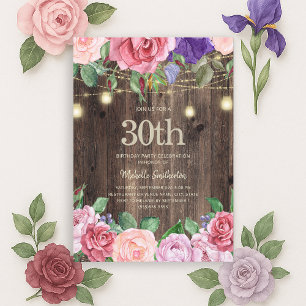 Rustic Pink Purple Flowers String Lights 30th Kaart
