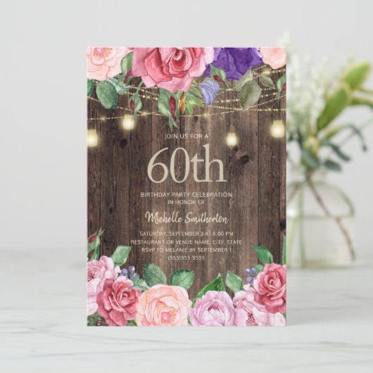 Rustic Pink Purple Flowers String Lights 60th Kaart (Staand voorkant)