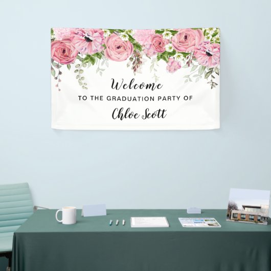 Rustic Pink Rose Bloemen Afstudeerfeest Welkom Spandoek (Beurs)