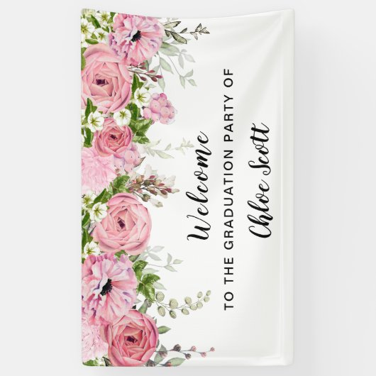 Rustic Pink Rose Bloemen Afstudeerfeest Welkom Spandoek (Verticaal)
