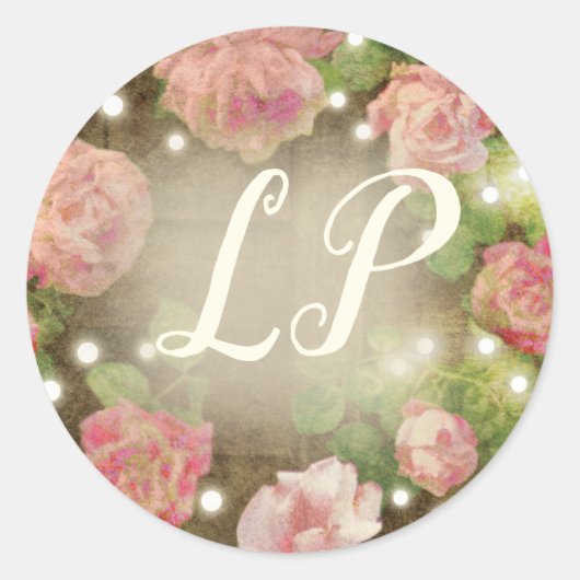 Rustic Pink Rose Bloemen String Lights Monogram Ronde Sticker (Voorkant)