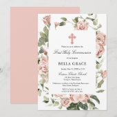 Rustic Pink Rose Floral Eerste Heilige Communie Ui Kaart (Voorkant / Achterkant)