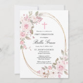 Rustic Pink Rose Floral Eerste Heilige Communie Ui Kaart (Voorkant)