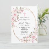 Rustic Pink Rose Floral Eerste Heilige Communie Ui Kaart (Staand voorkant)