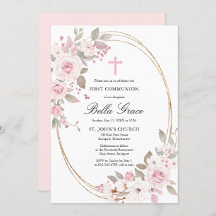 Rustic Pink Rose Floral Eerste Heilige Communie Ui Kaart