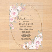 Rustic Pink Rose Floral First Heilige Communie Acryl Uitnodigingen (Voorkant)