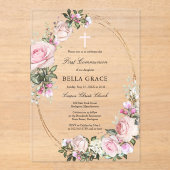 Rustic Pink Rose Floral First Heilige Communie Acryl Uitnodigingen (Voorkant)