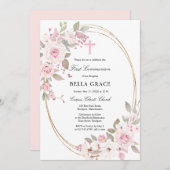 Rustic Pink Rose Floral First Heilige Communie Kaart (Voorkant / Achterkant)