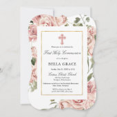 Rustic Pink Rose Floral First Heilige Communie Kaart (Voorkant)