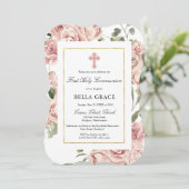 Rustic Pink Rose Floral First Heilige Communie Kaart (Staand voorkant)