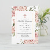 Rustic Pink Rose Floral First Heilige Communie Kaart (Staand voorkant)