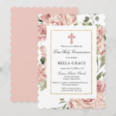 Rustic Pink Rose Floral First Heilige Communie Kaart (Voorkant / Achterkant)