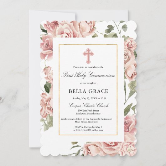 Rustic Pink Rose Floral First Heilige Communie Kaart (Voorkant)