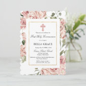 Rustic Pink Rose Floral First Heilige Communie Kaart (Staand voorkant)