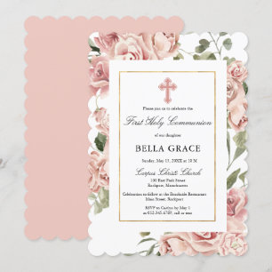 Rustic Pink Rose Floral First Heilige Communie Kaart