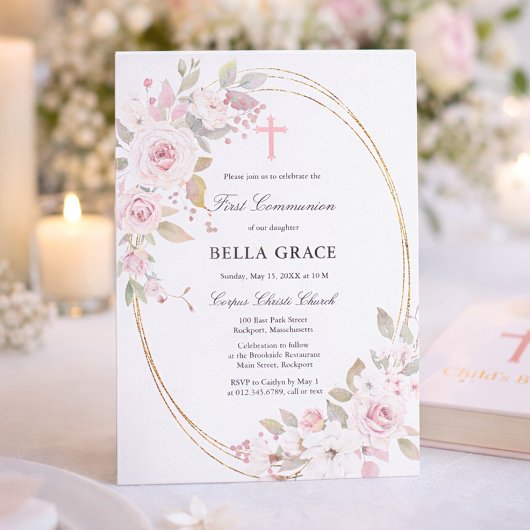 Rustic Pink Rose Floral First Heilige Communie Kaart
