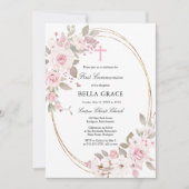 Rustic Pink Rose Floral First Heilige Communie Kaart (Voorkant)