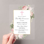 Rustic Pink Rose Floral First Holy Communion Acryl Uitnodigingen (Insitu (Draagbaar))