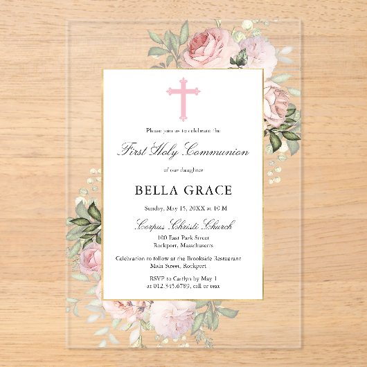 Rustic Pink Rose Floral First Holy Communion Acryl Uitnodigingen (Voorkant)