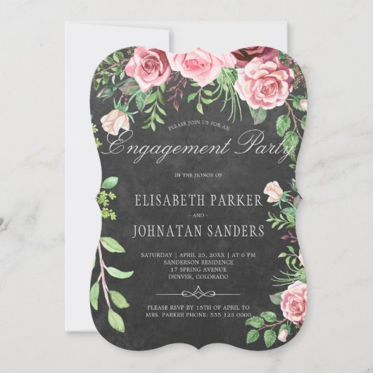 Rustic Pink Roses Krijtbord Engagement Party Kaart (Voorkant)