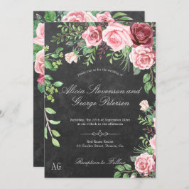 Rustic Pink Roses Monogram Krijtbord Huwelijk Kaart