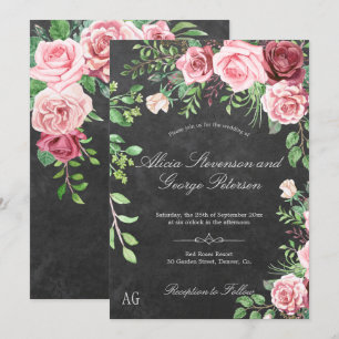 Rustic Pink Roses Monogram Krijtbord Huwelijk Kaart