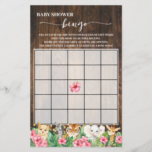 Rustic Pink Safari Animals Shower Bingo Game Card Flyer (Voorkant)