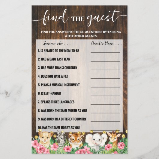 Rustic Pink Safari Find the Guest Shower Game Card Flyer (Voorkant)