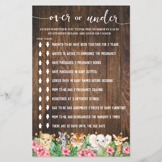 Rustic Pink Safari Over or Under Shower Game Card Flyer (Voorkant)