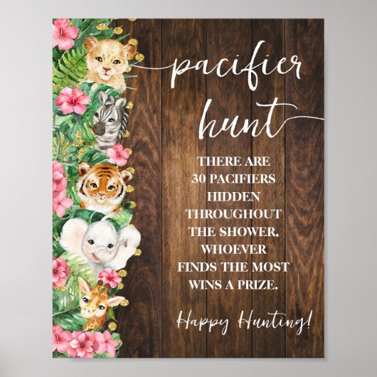 Rustic Pink Safari Pacifier Hunt Baby Shower Game Poster (Voorkant)