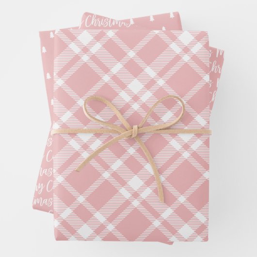 Rustic Pink Tartan Pset Merry Kerstmis Pattern Inpakpapier Vel (In situ)